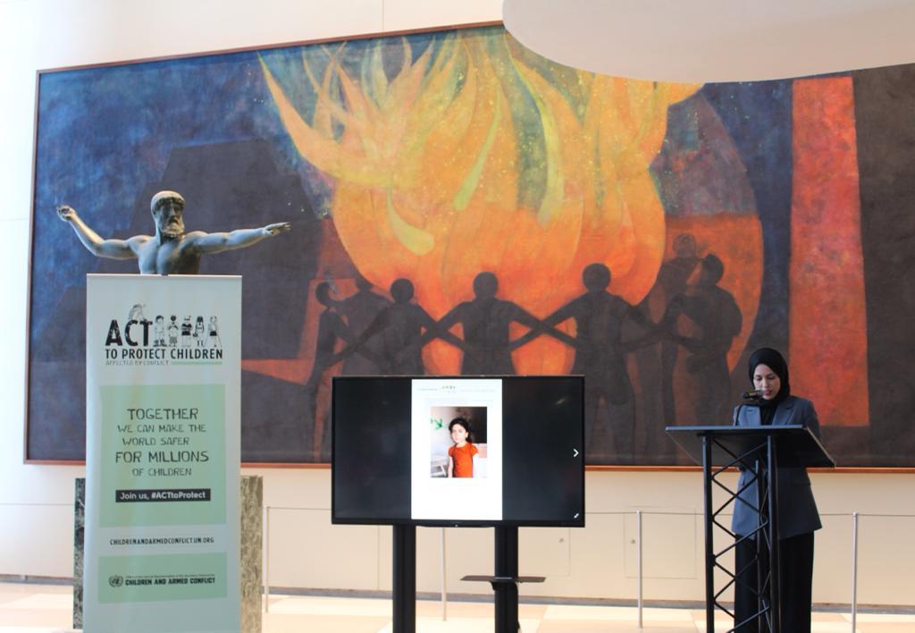 Permanent Representative of Qatar to the United Nations H E Sheikha Alya Ahmed Saif Al Thani addressing the inauguration of the photo exhibition. 