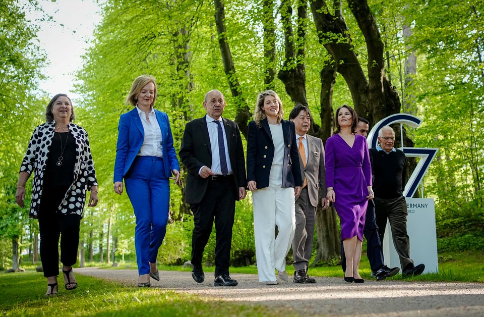 G7 countries foreign ministers walk for dinner during their summit in Weissenhaeuser Strand, Germany May 12, 2022. Foreign ministers pictured: Elizabeth Truss of Britain, Jean-Yves Le Drian of France, Melanie Joly of Canada, Annalena Baerbock of Germany, Hayashi Yoshimasa of Japan, Luigi Di Maio of Italy, Josep Borrell, head of EU foreign policy and Victoria Nuland of U.S., under secretary of state for political affairs. Kay Nietfeld/Pool via REUTERS