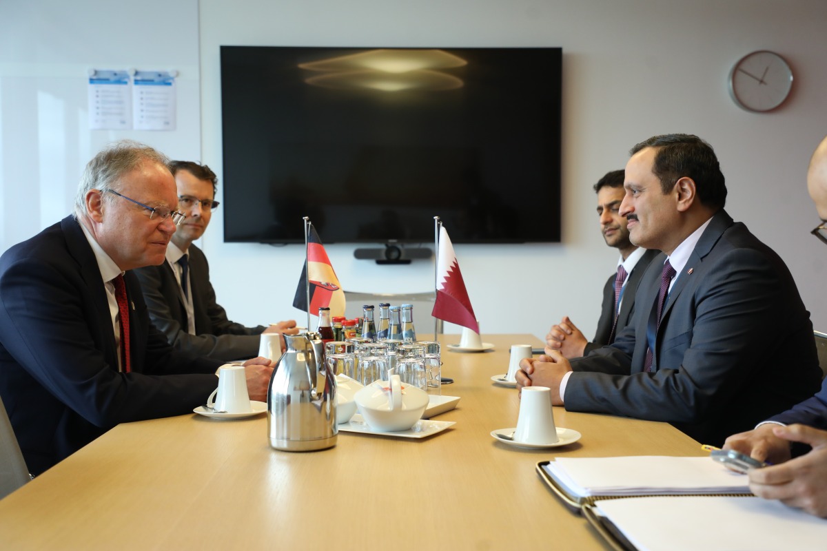 Undersecretary of the Ministry of Commerce and Industry H E Sultan bin Rashid Al Khater with Minister President of Lower Saxony in the Federal Republic of Germany H E Stephan Weil during the Hannover Messe International Industrial Fair 2022.