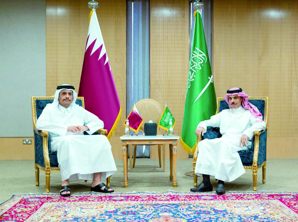 Deputy Prime Minister and Minister of Foreign Affairs H E Sheikh Mohammed bin Abdulrahman Al Thani with Minister of Foreign Affairs of the Kingdom of Saudi Arabia HRH Prince Faisal bin Farhan bin Abdullah Al Saud in Riyadh, yesterday.