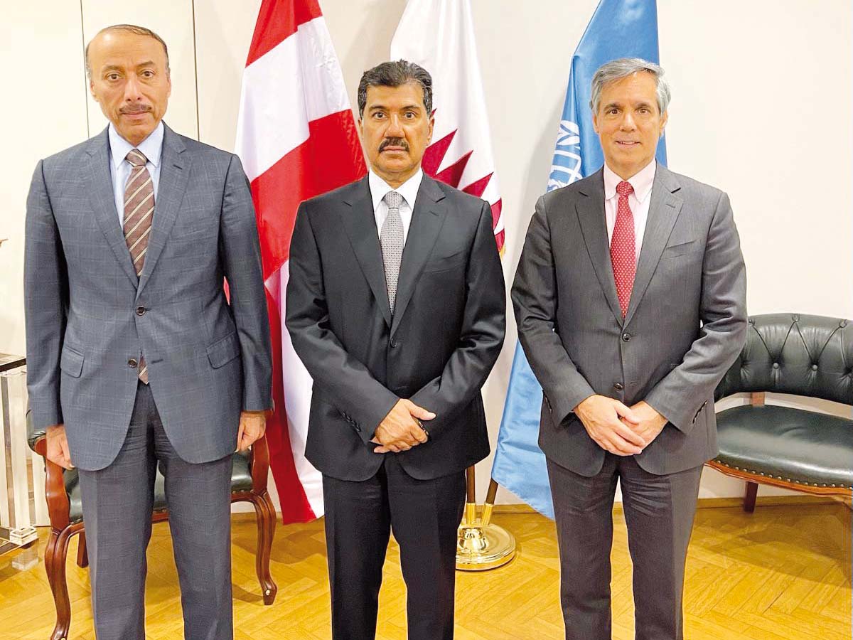 Secretary-General of the Ministry of Foreign Affairs H E Dr. Ahmad Hassen Al Hammadi, Permanent Representative of Qatar to the United Nations organisations in Vienna H E Sultan bin Salmeen Al Mansouri and Director of the United Nations Office on Drugs and Crime (UNODC) Division for Treaty Affairs in Vienna H E John Brandolino during their meeting in Vienna, Austria. 