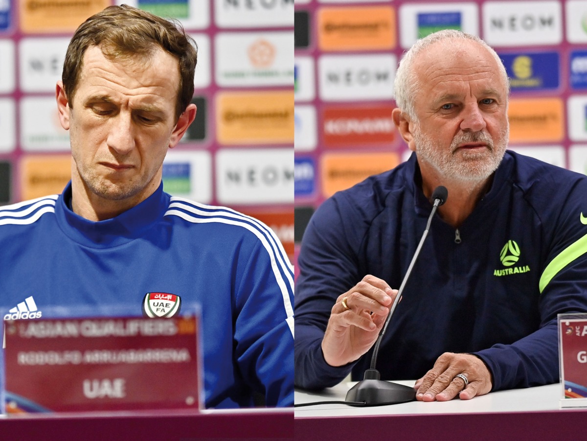UAE coach Rodolfo Arruabarrena (left) and Australia coach Graham Arnold during pre-match press conferences, yesterday.
