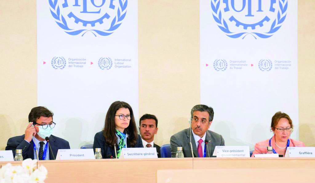 Minister of Labour H E Dr. Ali bin Samikh Al Marri chairing the fourth plenary session of the International Labour Conference in Geneva, yesterday.

