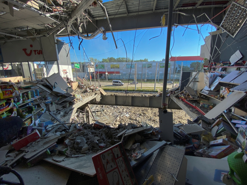 A view shows a supermarket in a shopping mall damaged by a Russian missile strike, as Russia's attack on Ukraine continues, in Kharkiv, Ukraine June 8, 2022. REUTERS/Vitalii Hnidyi
