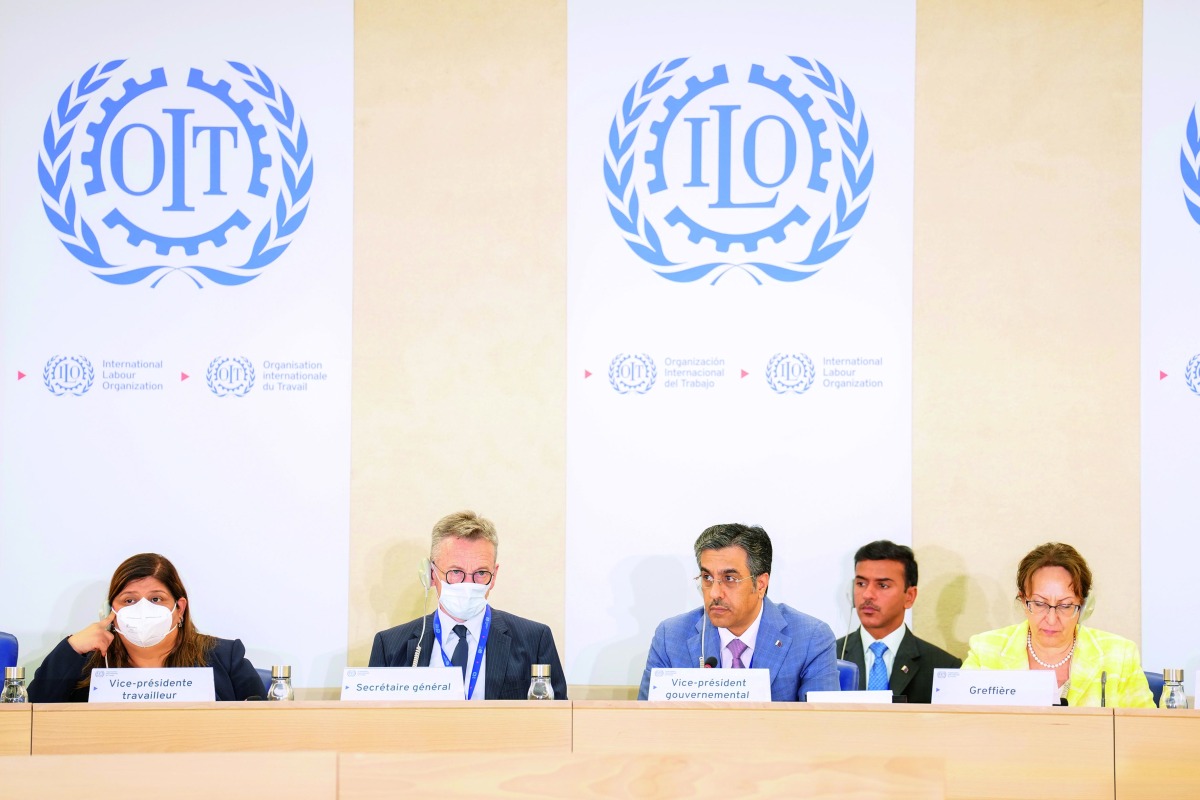 Minister of Labour H E Dr. Ali bin Smaikh Al Marri chairing the plenary session of the International Labur Conference (ILC) in its 110th session in Geneva.