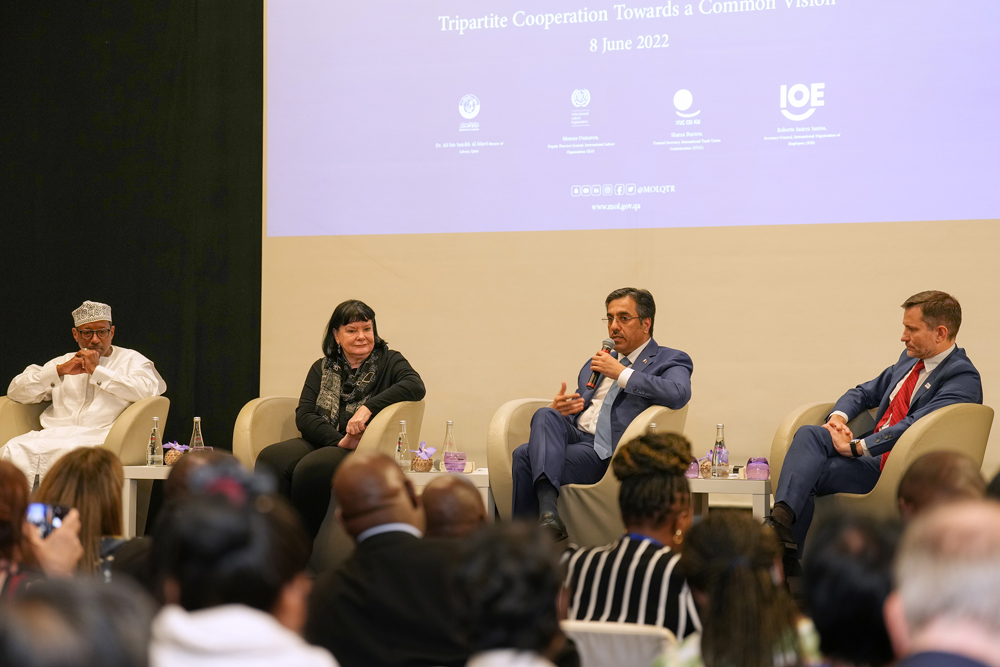 Minister of Labour H E Dr. Ali bin Smaikh Al Marri during a panel discussion in Geneva.
