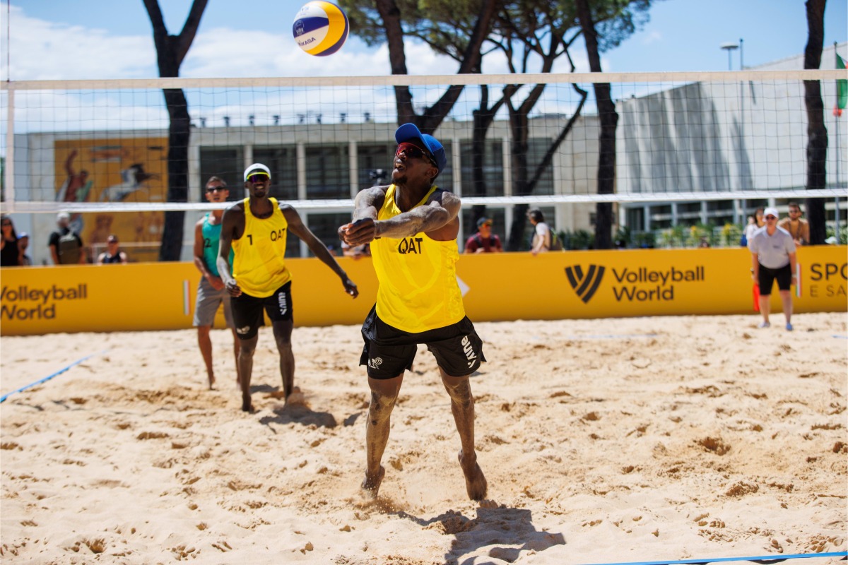 Qatar’s Cherif Younousse and Ahmed Tijan in action during their opening match of the FIVB Beach Volleyball World Championships Rome 2022, yesterday.