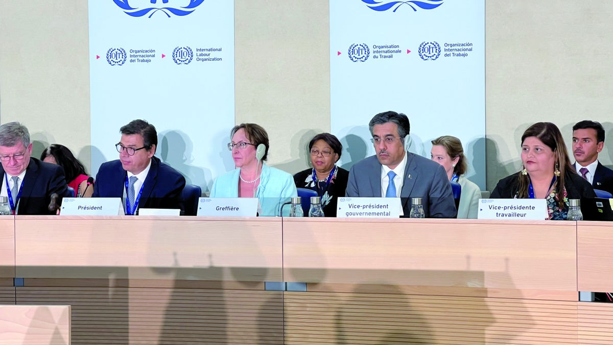 Minister of Labour H E Dr. Ali bin Smaikh Al Marri taking part in a session of 110th International Labour Conference in Geneva.