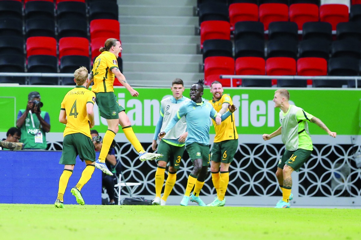 Australia’s Jackson Irvine celebrates after scoring their first goal at Ahmad Bin Ali Stadium, during their Asian Play-off, in this file photo. Pic: Mohammed Farag