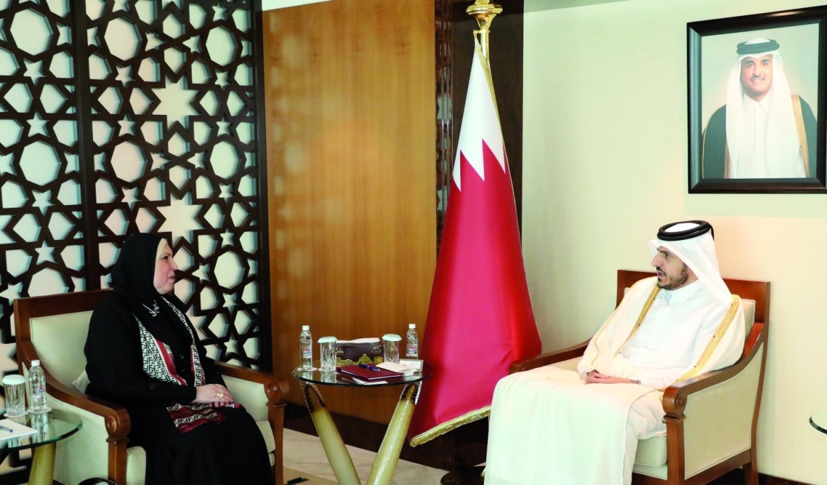 Minister of Commerce and Industry H E Sheikh Mohammed bin Hamad bin Qassim Al Thani with the Minister of Trade and Industry of the Arab Republic of Egypt H E Nevine Gamea, during the meeting. 