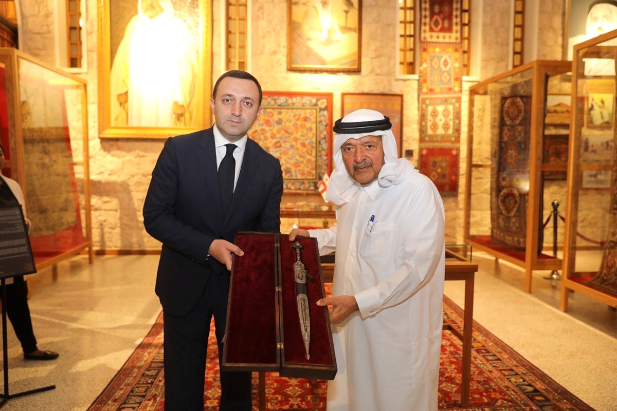 Prime Minister of Georgia, H E Irakli Garibashvili and Sheikh Faisal bin Qassim Al Thani showing the ancient Georgian sword.