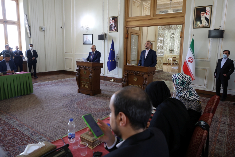 Iran's Foreign Minister Hossein Amir-Abdollahian and High Representative of the European Union for Foreign Affairs and Security Policy Josep Borrell attend a joint news conference, in Tehran, Iran June 25, 2022. (Majid Asgaripour/WANA via REUTERS)