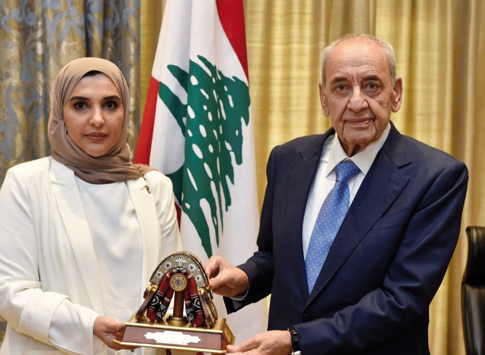 Speaker of the Parliament of Lebanon Nabih Berri during a meeting with President of Arab Network for National Human Rights Institutions H E Maryam bint Abdullah Al Attiyah.