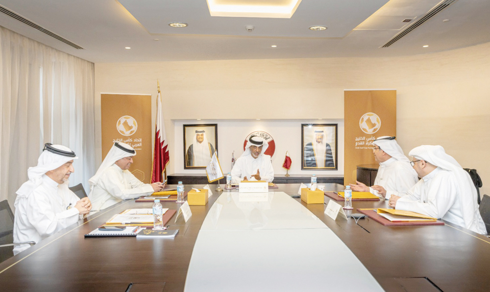Arab Gulf Cup Football Federation President Sheikh Hamad bin Khalifa bin Ahmed Al Thani with the Executive Office members during yesterday's meeting.
