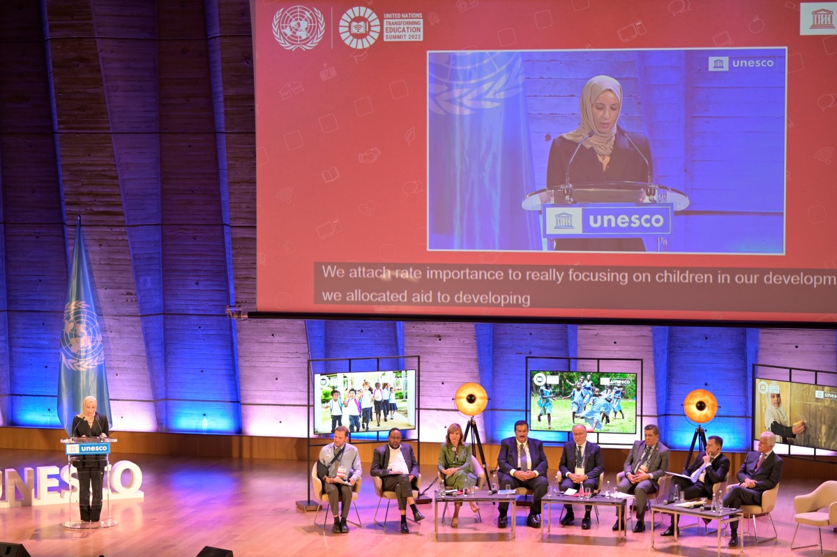 Minister of Education and Higher Education and Chairman of Qatar National Committee for Education, Culture and Science H E Buthaina bint Ali Al Jabr Al Nuaimi (first left) speaking during Transforming Education PreSummit in Paris.
