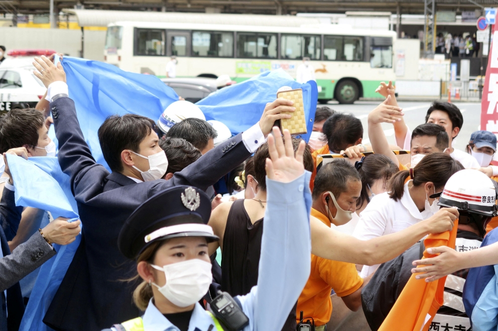General view after former Japanese prime minister Shinzo Abe was apparently shot during an election campaign for the July 10, 2022 Upper House election, in Nara, western Japan July 8, 2022. in this photo taken by Kyodo. Mandatory credit Kyodo via REUTERS