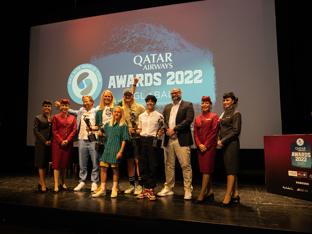 Award winners at the Qatar Airways GKA Big Air World Championships pose for a photograph. 