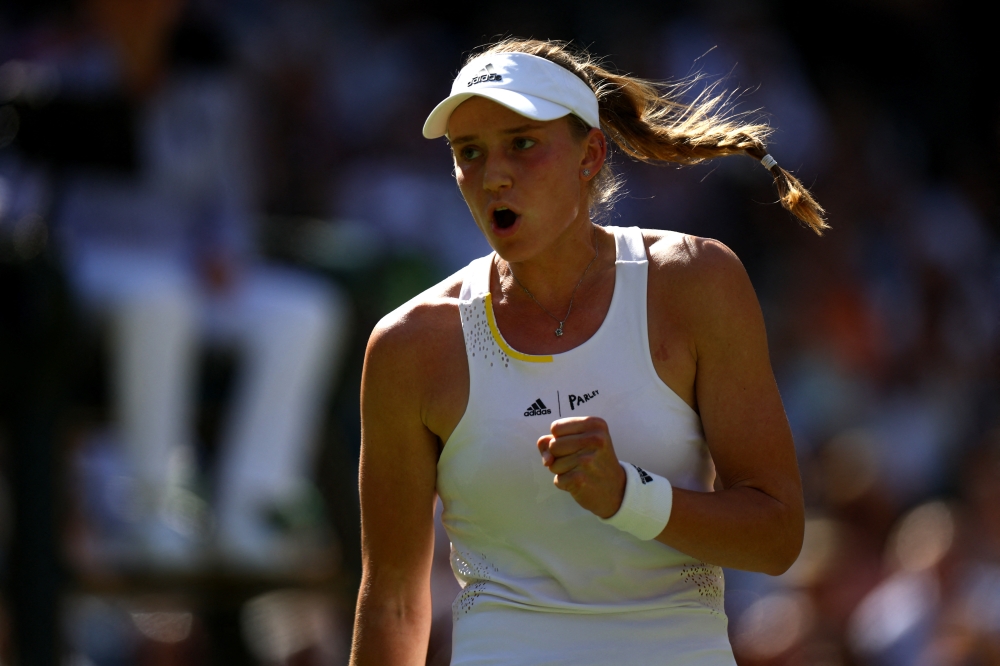 Kazakhstan's Elena Rybakina reacts during the women's singles final against Tunisia's Ons Jabeur. (REUTERS/Hannah Mckay)