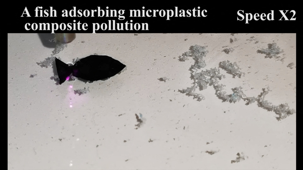 A fish-shaped robot, which researchers say can suck up microplastics in shallow water, moves under the direction of a near-infrared (NIR) light, in this screen grab taken from a handout video provided to Reuters July 12, 2022. Zhang Xinxing's research team from Polymer Research Institute, Sichuan University/Handout via REUTERS