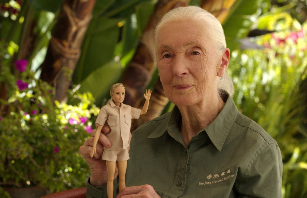 A handout picture shows primatologist Jane Goodall posing with the new Jane Goodall Barbie doll, in Los Angeles, U.S., April 2022. Jane Goodall Institute/Handout via REUTERS