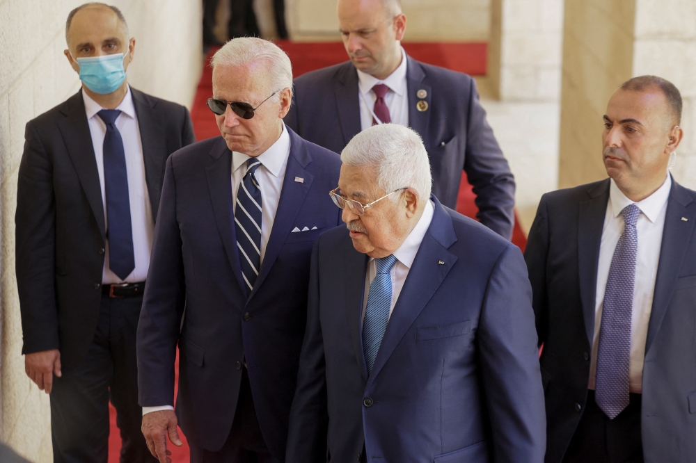 US President Joe Biden meets with Palestinian President Mahmoud Abbas Abbas at the Presidential Compound in Bethlehem on July 15, 2022. (REUTERS/Evelyn Hockstein)
