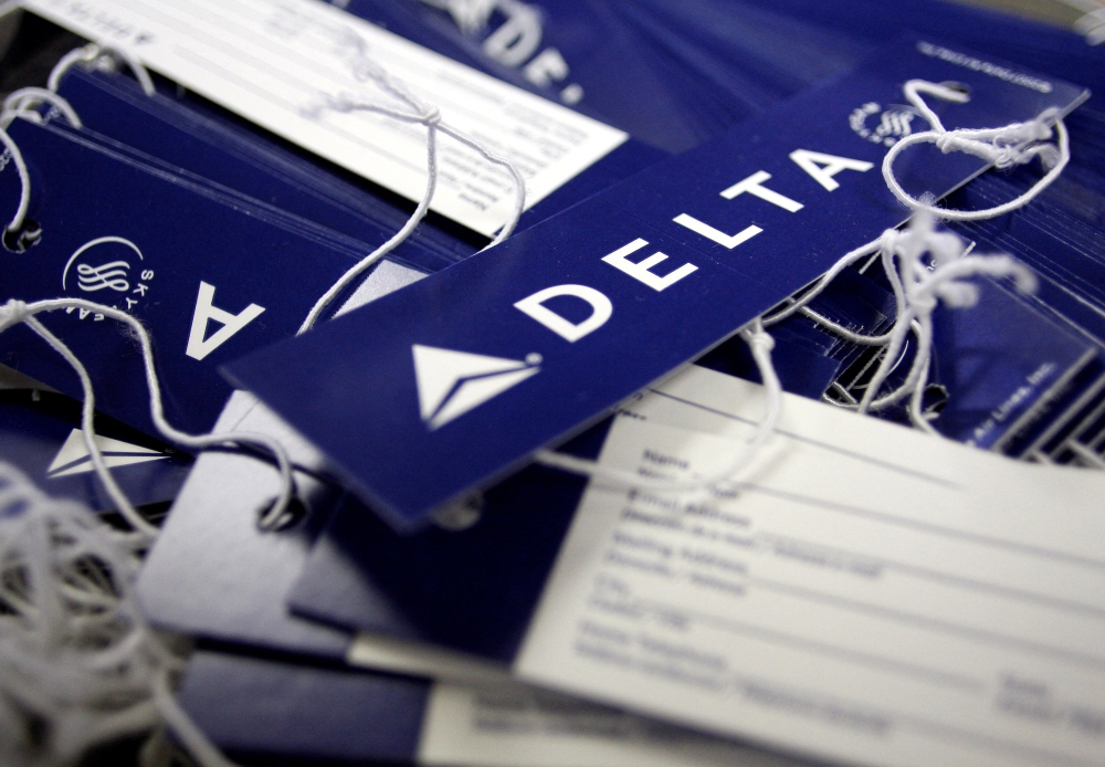 File Photo: Delta airline name tags are seen at Delta terminal in JFK Airport in New York. (REUTERS/Joshua Lott)