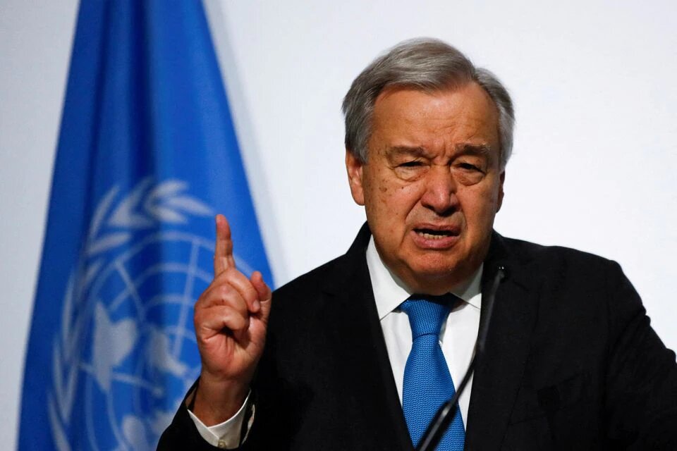 UN Secretary-General Antonio Guterres gestures while speaking during the opening of the 2022 UN Ocean Conference in Lisbon, Portugal, June 27, 2022. REUTERS/Pedro Nunes/

