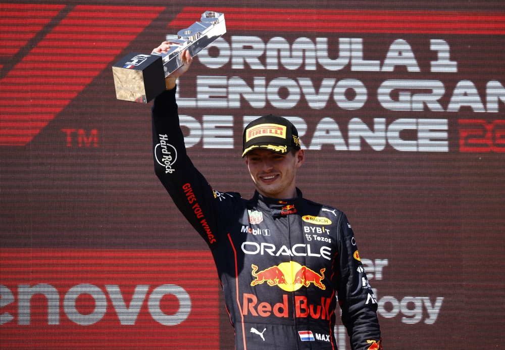 Red Bull's Max Verstappen celebrates on the podium after winning the French Grand Prix at Circuit Paul Ricard, Le Castellet, France, on July 24, 2022. (REUTERS/Yara Nardi)