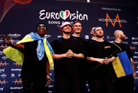 Kalush Orchestra from Ukraine pose for photographers after winning the 2022 Eurovision Song Contest, in Turin, Italy, May 15, 2022. REUTERS/Yara Nardi