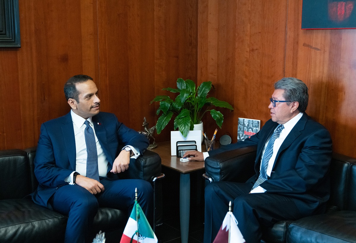 Deputy Prime Minister and Minister of Foreign Affairs H E Sheikh Mohammed bin Abdulrahman Al Thani meeting with Minister of Foreign Affairs of the United Mexican States H E Marcelo Ebrard Casaubon. 
