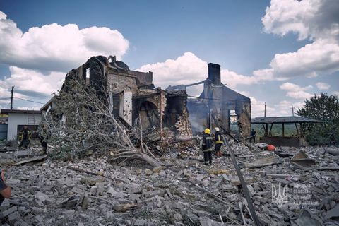 Firefighters work at a site of residential house destroyed by a Russian missile strike, as Russia's attack on Ukraine continues, in Kramatorsk, Ukraine July 29, 2022. Press service of the Donetsk Regional Military Administration/Handout via REUTERS
