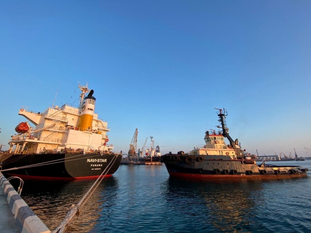 The Panama-flagged bulk carrier Navi-star is seen in the sea port in Odesa after restarting grain export, amid Russia's attack on Ukraine, Ukraine, August 5, 2022. (Press service of the Ministry of Infrastructure of Ukraine/Handout via REUTERS)