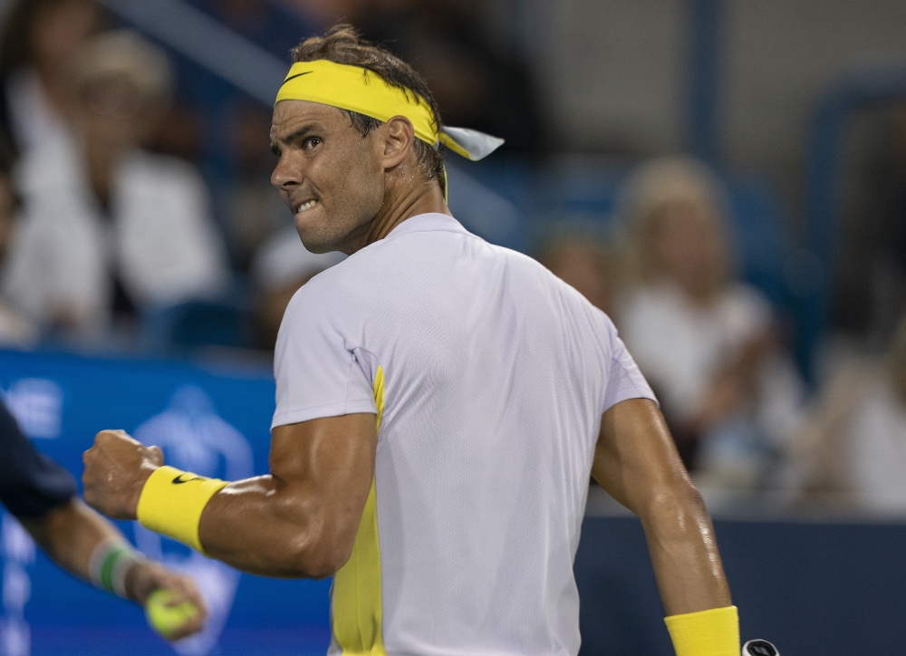 Rafael Nadal (ESP) reacts to a point against Borna Coric (CRO) during the Western & Southern Open at the Lindner Family Tennis Center. Mandatory Credit: Susan Mullane-USA TODAY Sports