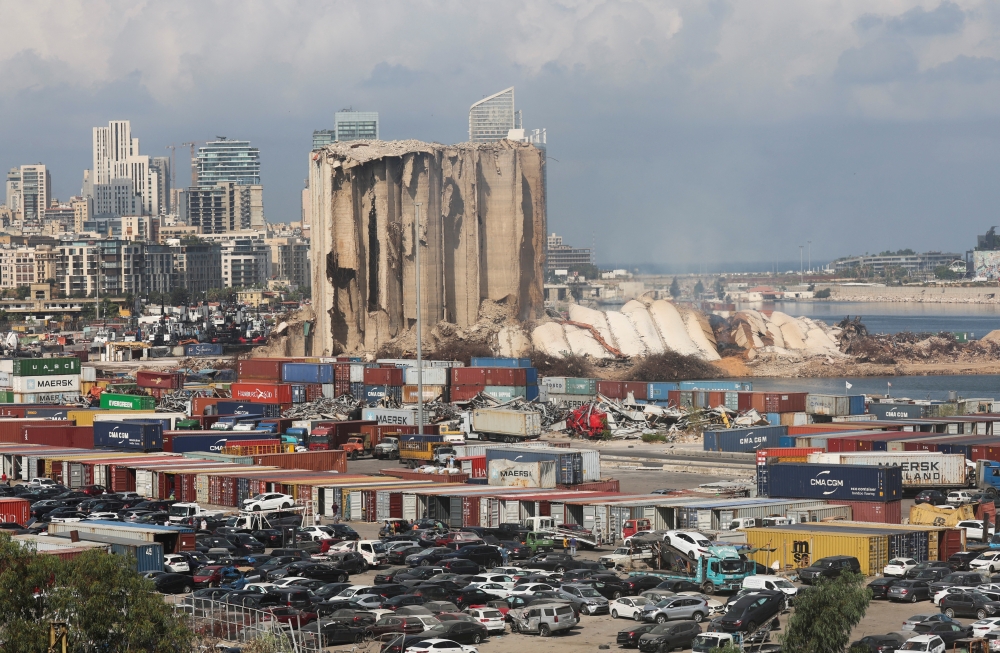 A view shows the collapsed northern section of the Beirut grain silos, damaged in the August 2020 port blast, in Beirut, Lebanon August 23, 2022. REUTERS/Mohamed Azakir