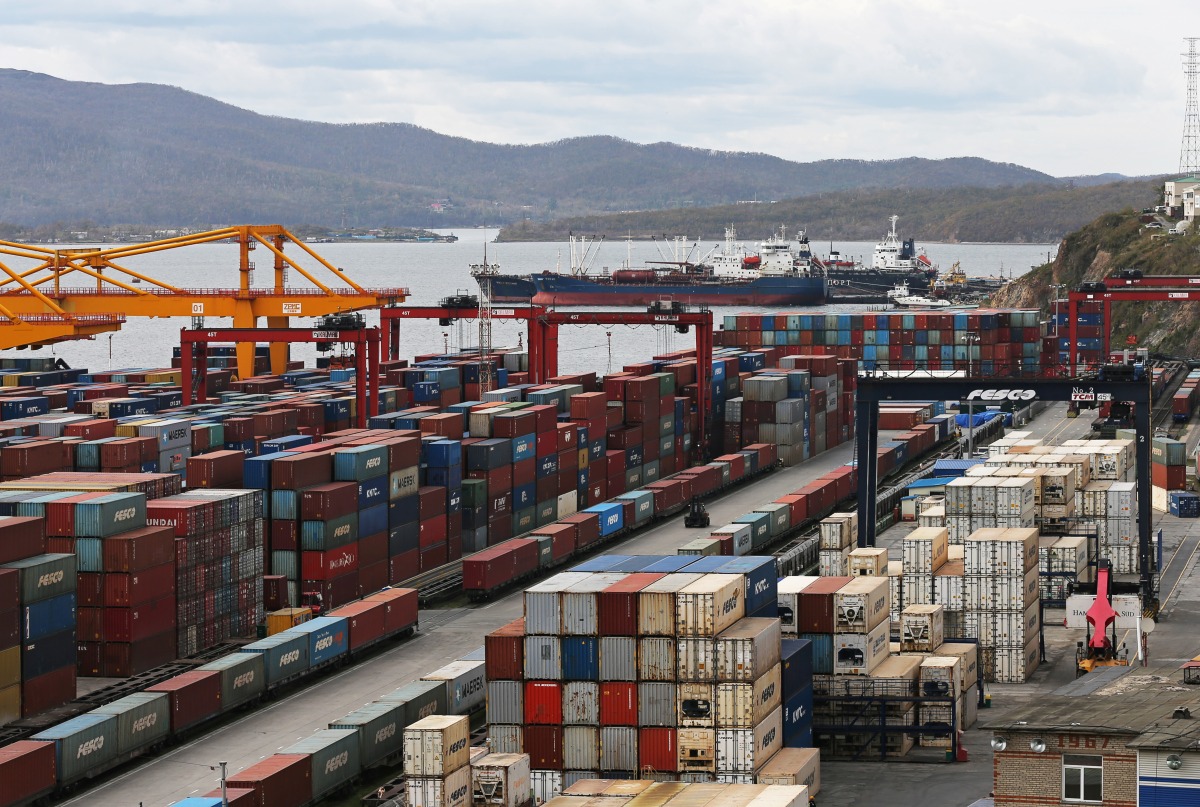 Stacked shipping containers are pictured at a commercial port in Vladivostok, Russia, on October 18, 2021.  File Photo / Reuters
