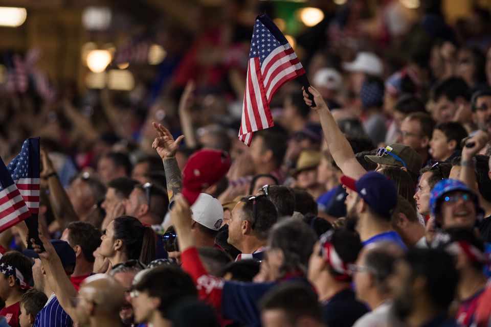 US supporters cheering against Panama in the second half during a FIFA World Cup Qualifier match at Exploria Stadium, Orlando, Florida, March 27, 2022. (Jeremy Reper-USA TODAY via Reuters)