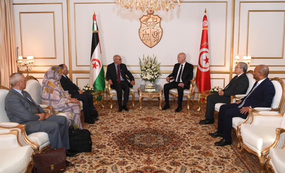Tunisia's President Kais Saied meets with the head of the Polisario Front movement Brahim Ghali, in Tunis, Tunisia, on August 26, 2022. Tunisian Presidency/Handout via REUTERS 