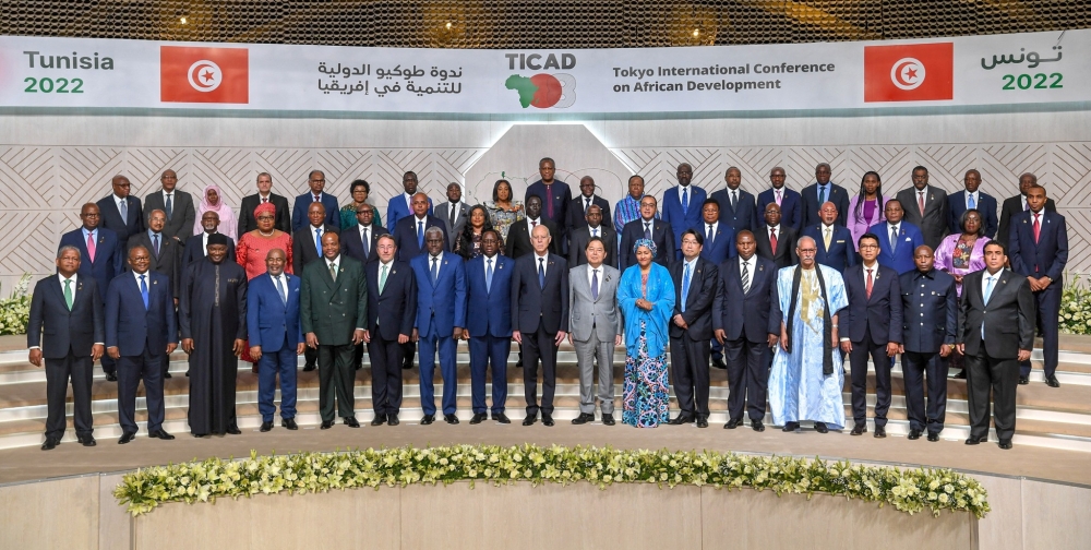 Tunisia's President Kais Saied poses for a group photo with officials and heads of delegations participating at the Tokyo International Conference on African Development (TICAD) in Tunis, Tunisia August 27, 2022. Tunisian Presidency/Handout via REUTERS
