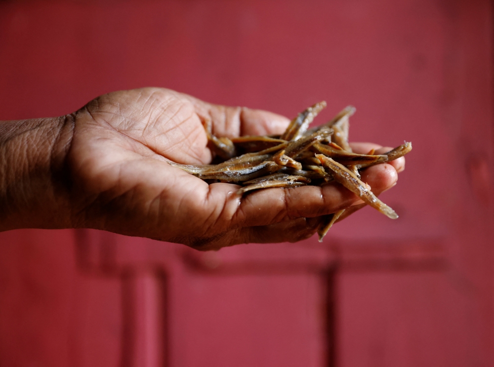 In her outstretched palms, 49-year-old Nilanthi Gunasekera holds her family's last remaining handful of dried fish - a reminder of Sri Lanka's worst economic crisis in decades. (REUTERS/Kim Kyung-Hoon)