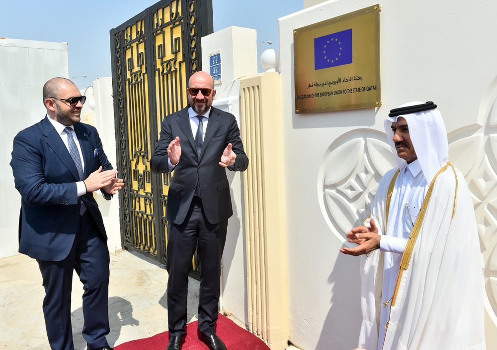 President of European Council H E Charles Michel (centre), Secretary-General of the Ministry of Foreign Affairs H E Dr. Ahmed bin Hassan Al Hammadi (right) and Ambassador-designate of the European Union to Qatar H E Dr. Cristian Tudor inaugurating the delegation premises of the European Union to the State of Qatar. Pic: Abdul Basit