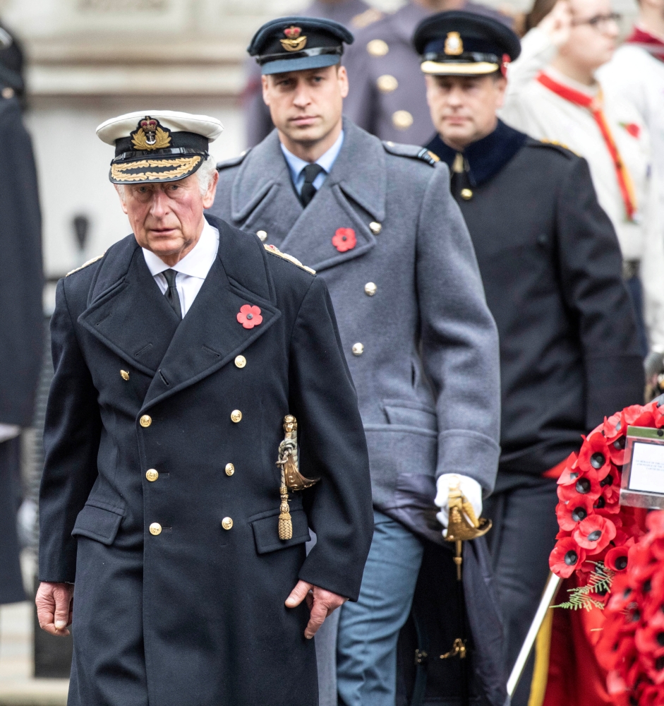 Britain's Prince Charles leads Britain's Prince William and Britain's Prince Edward to the Cenotaph during the Remembrance Sunday ceremony on Whitehall in London, on November 14, 2021. File Photo / Reuters
