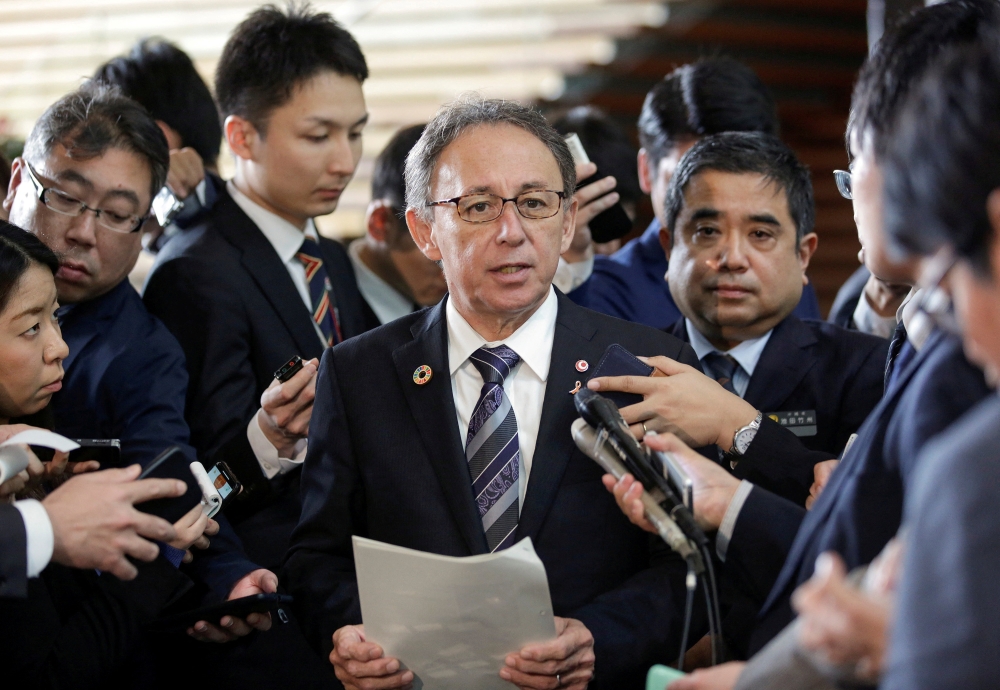 Okinawa Governor Denny Tamaki speaks to the media after a meeting with Japan's then-Prime Minister Shinzo Abe (not in picture) at Abe's official residence in Tokyo, Japan, on March 1, 2019. File Photo / Reuters