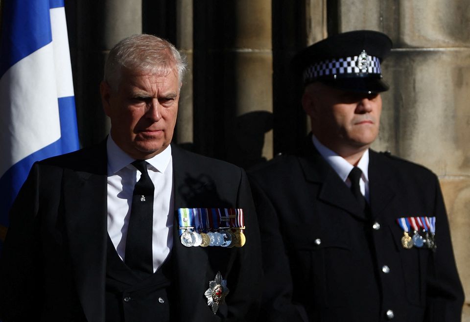 Britain's Prince Andrew leaves St. Giles' Cathedral following the service for Britain's late Queen Elizabeth, in Edinburgh, Scotland, on September 12, 2022. REUTERS/Hannah McKay