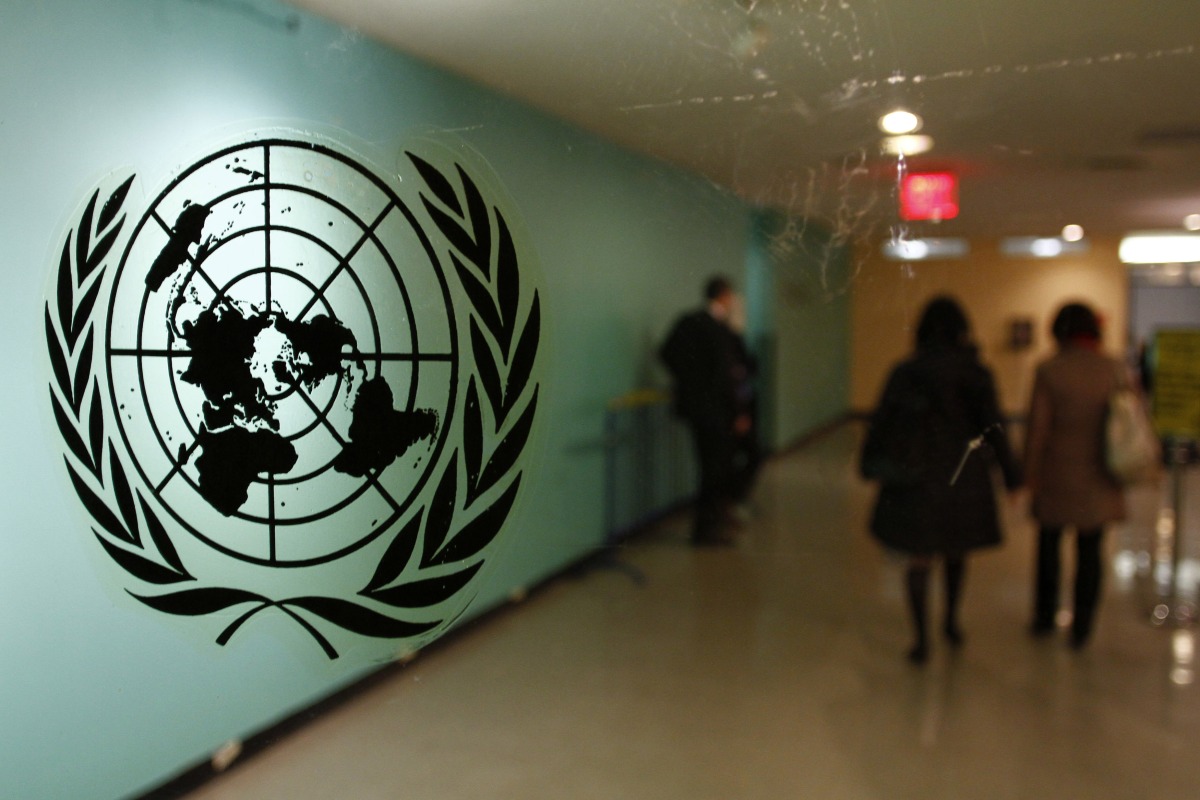 The United Nations logo is displayed on a door at UN headquarters in New York. File Photo / Reuters