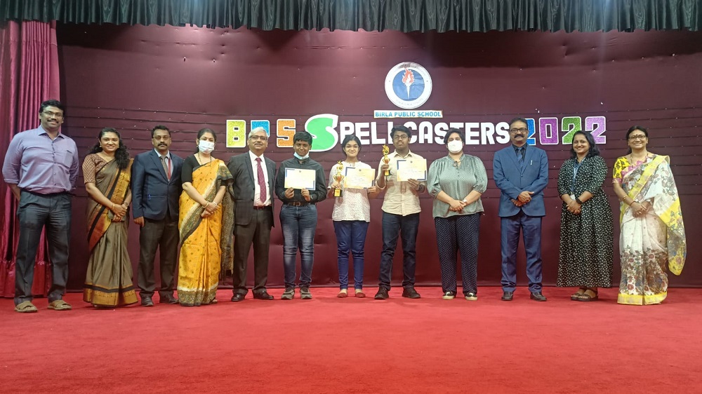 Officials with winners of the BPS Spell Casters’ Inter-School Competition.