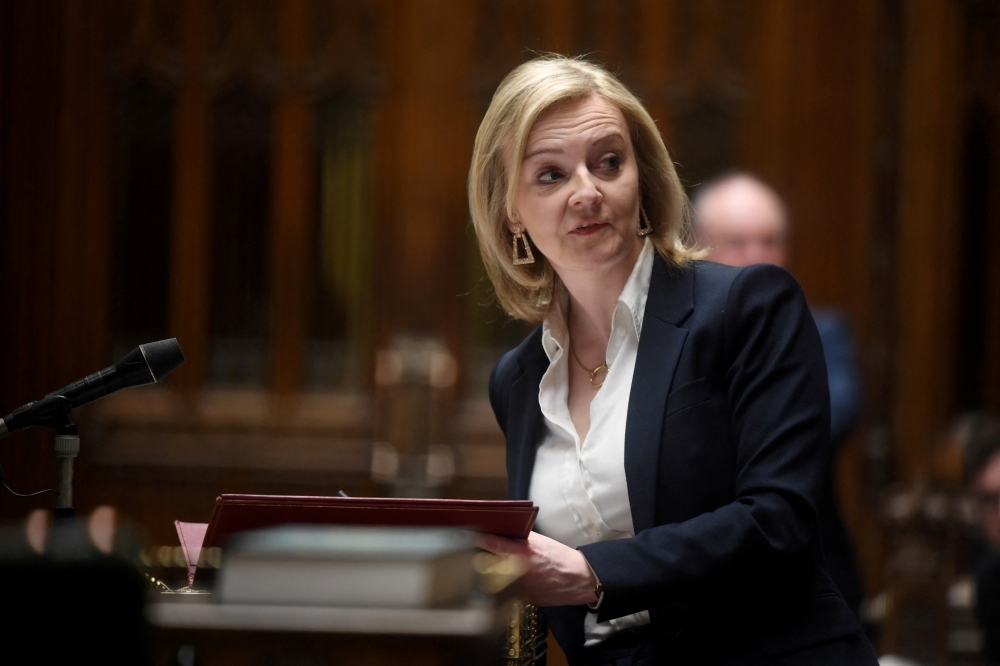 British Secretary of State for Foreign Affairs Liz Truss makes a statement on sanctions after Russia invaded Ukraine, in the House of Commons, London, Britain, February 28, 2022. UK Parliament/Jessica Taylor/Handout via REUTERS