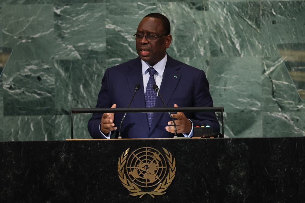 President of the Republic of Senegal and Chairperson of the African Union Macky Sall addresses the 77th Session of the United Nations General Assembly at UN Headquarters in New York City, US, on September 20, 2022. (REUTERS/Brendan McDermid)