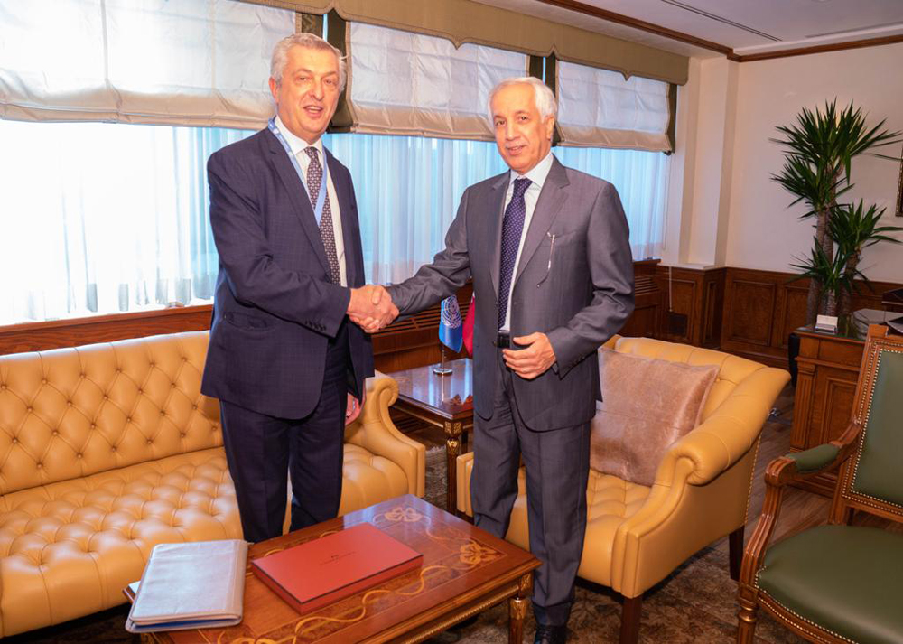 Minister of State for Foreign Affairs H E Sultan bin Saad Al Muraikhi and United Nations High Commissioner for Refugees H E Filippo Grandi during their meeting in New York.