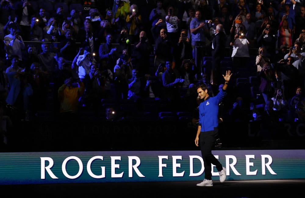 September 23, 2022 Team Europe's Roger Federer waves to the crowd before the match between Team Europe's Casper Ruud and Team World's Jack Sock Action Images via Reuters/Andrew Boyers
