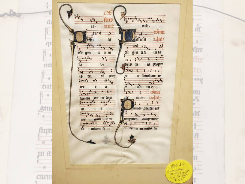 Bargain hunter Will Sideri discovered a leaf from a 700-year-old manuscript that was used in the Beauvais Cathedral in France, while dropping by an estate sale in Maine. (Will Sideri via AP)